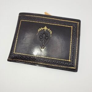 Vintage Black Gold Tooled Leather Fleur-de-lis Bifold Wallet Medieval Style Men